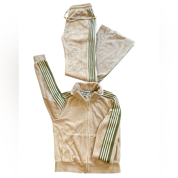 Pam & Gela Beige Velour Stripe Track Set Size P Fits Small - Picture 2 of 7